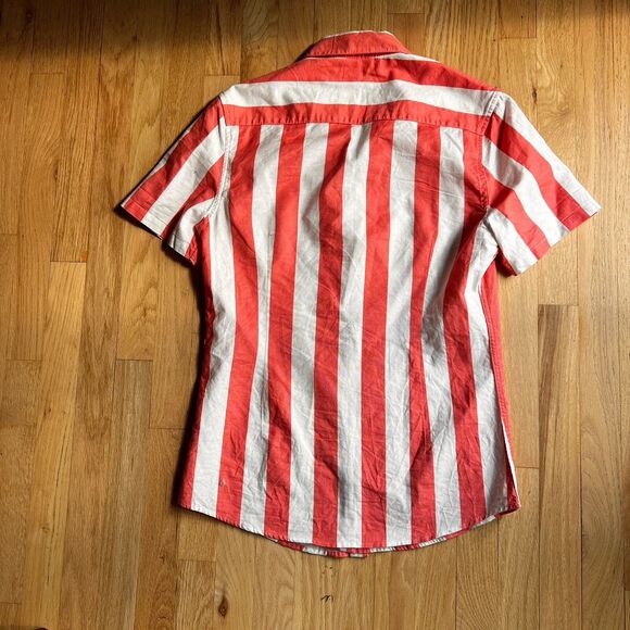 Asos Design Casual Short Sleeve Button Up Stripe Shirt S orange white summer - Picture 5 of 10